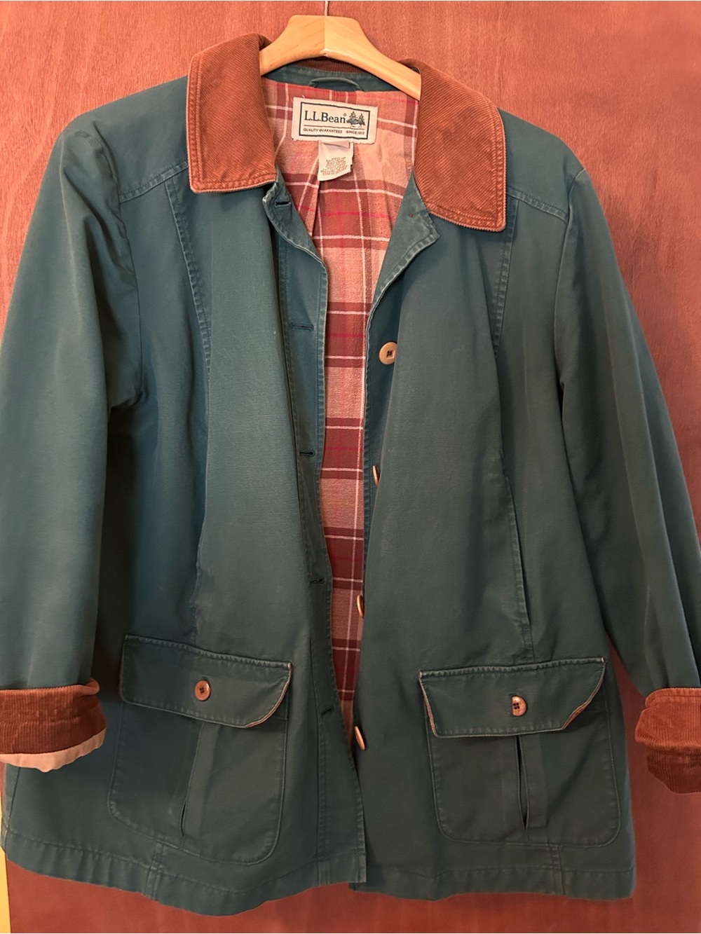 Vintage L.L. Bean Women's XL Petite Teal Field Jacket with Brown Corduroy Collar